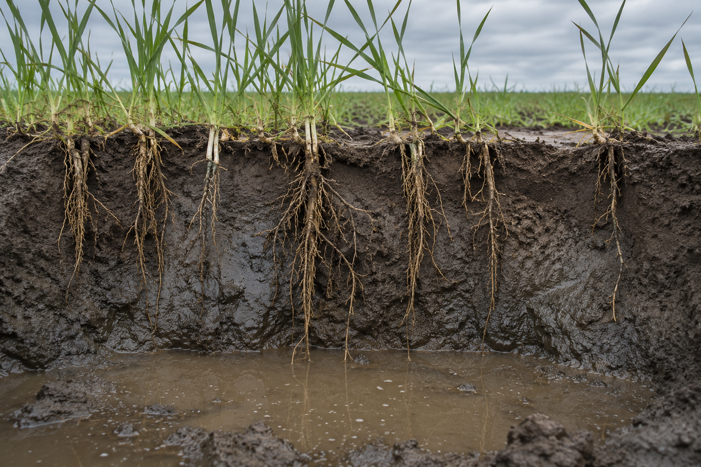 Exposed crop roots in saturated clay-loam soil after prolonged rainfall, illustrating oxygen depletion, root stress, and reduced nutrient uptake.