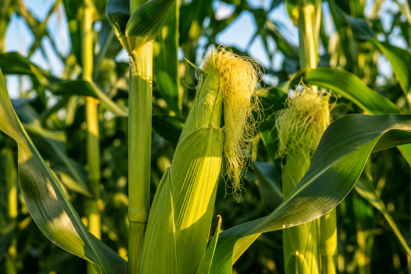 Corn ears at silking stage during the R1–R3 reproductive growth period.