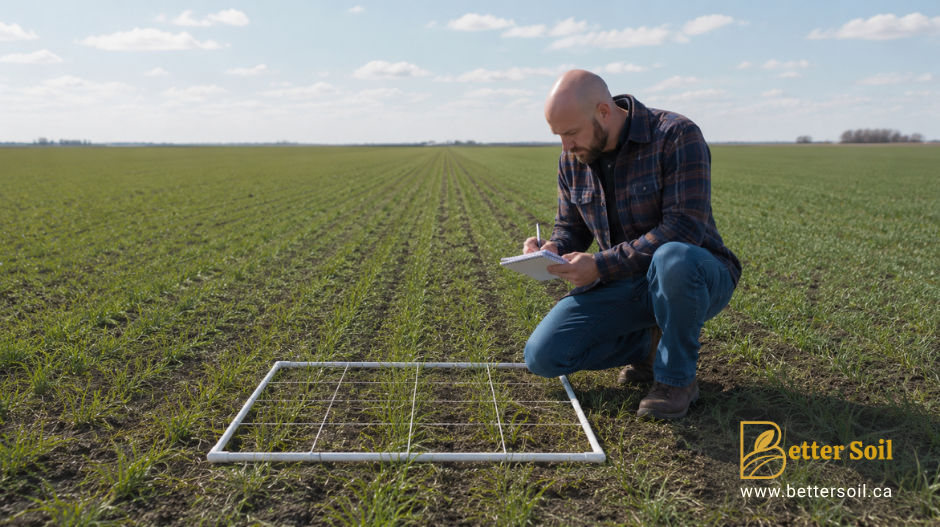 Agronomist kneeling in a Southern Alberta cereal field, recording stand count observations in a notebook beside a quadrat used to assess plant populations and emergence uniformity after heavy rainfall.