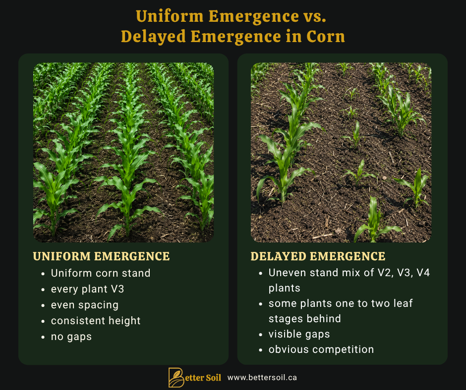 Educational infographic comparing a uniform corn stand with consistent V3 growth against a delayed emergence corn stand containing mixed V2, V3, and V4 plants, visible gaps, and uneven plant development after emergence.
