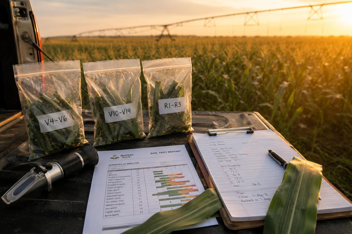 Tools used in a SAP-driven corn nutrition program, including soil tests, leaf samples, field notes, and a refractometer.