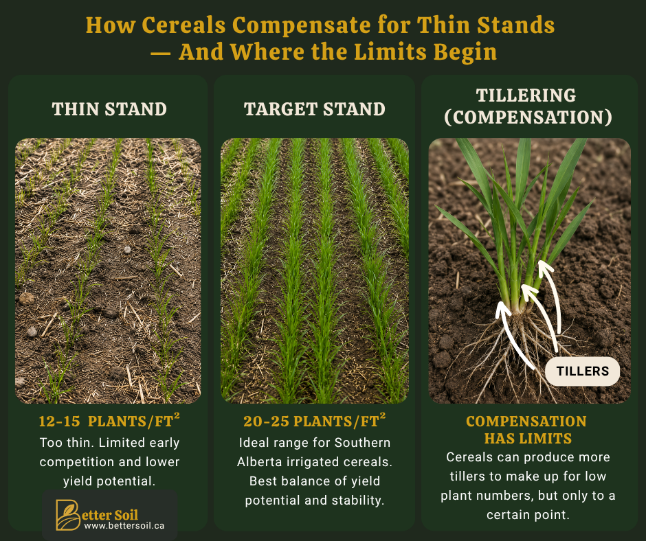 Three-panel comparison showing a thin cereal stand, a target cereal stand, and a wheat plant with multiple tillers, illustrating how wheat, barley, and durum can partially compensate for lower plant populations through tillering.