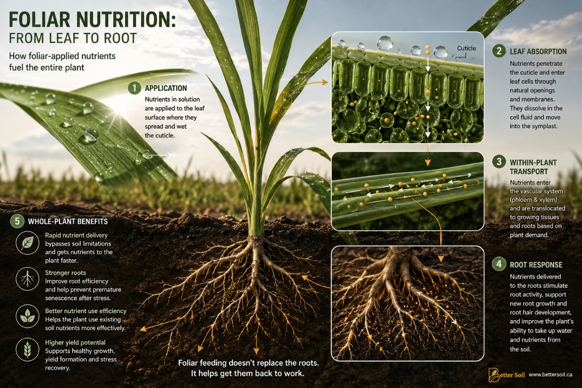 Illustration showing foliar nutrients being absorbed through a cereal leaf and transported throughout the plant to support root recovery and nutrient uptake.