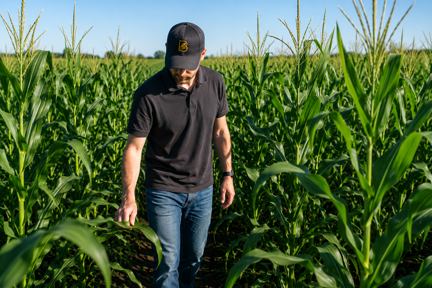 Corn crop approaching tassel emergence during the V10–V14 growth stage.