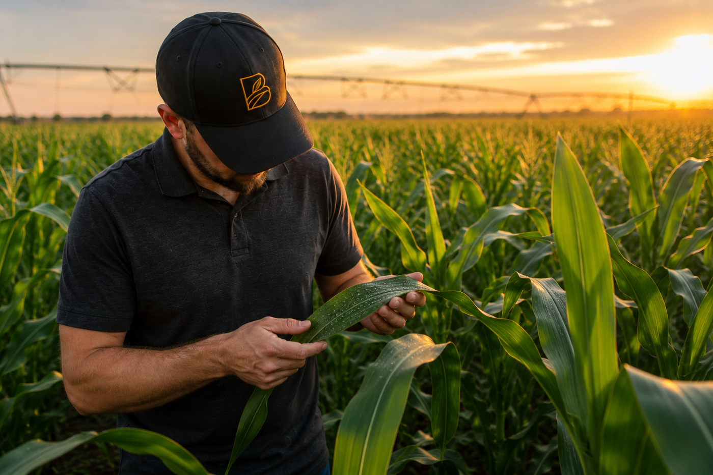 Agronomist inspecting a corn leaf after foliar application in an irrigated Alberta corn field at sunset.