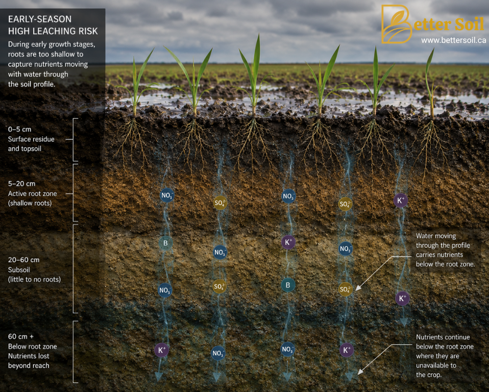 Cross-section of an early-season crop showing water and mobile nutrients moving below the root zone after heavy rainfall.
