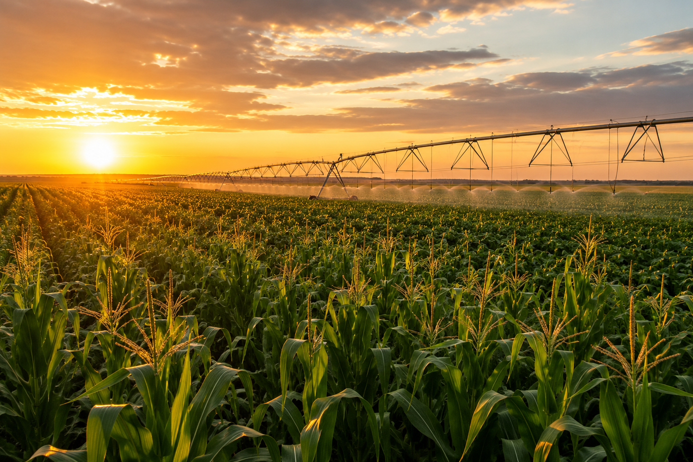 Center-pivot irrigation system watering a healthy corn field in Southern Alberta during golden hour