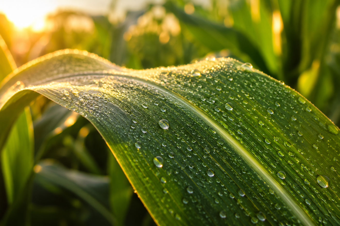 Corn leaf covered with foliar nutrient droplets before plant uptake in late-afternoon sunlight.