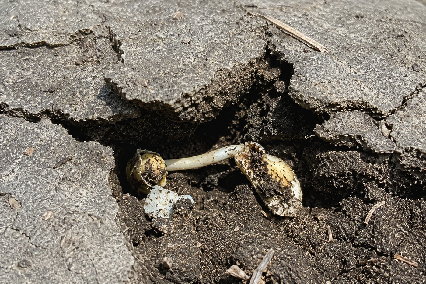 Close-up of a dry bean seedling trapped beneath a hardened soil crust, showing emergence failure caused by surface sealing after heavy rainfall.