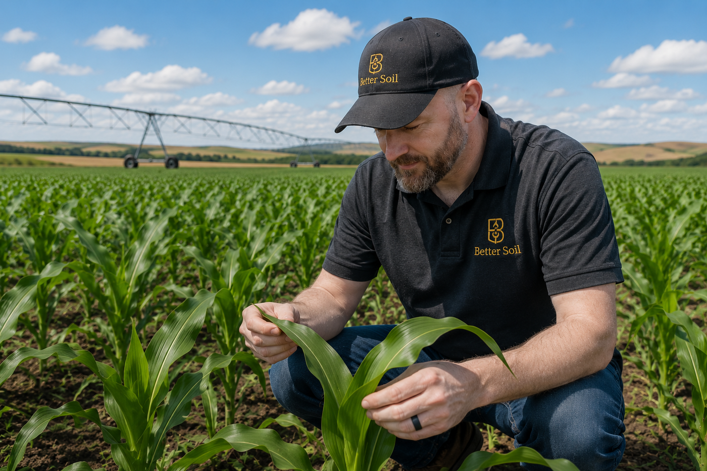 Agronomist inspecting corn leaf health in an irrigated Southern Alberta corn field