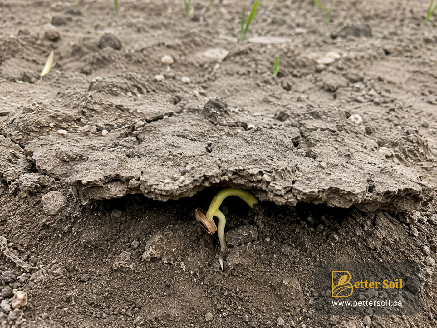 Seedling trapped beneath a hardened soil crust after heavy rainfall, showing how surface sealing can delay or prevent crop emergence in Southern Alberta fields.
