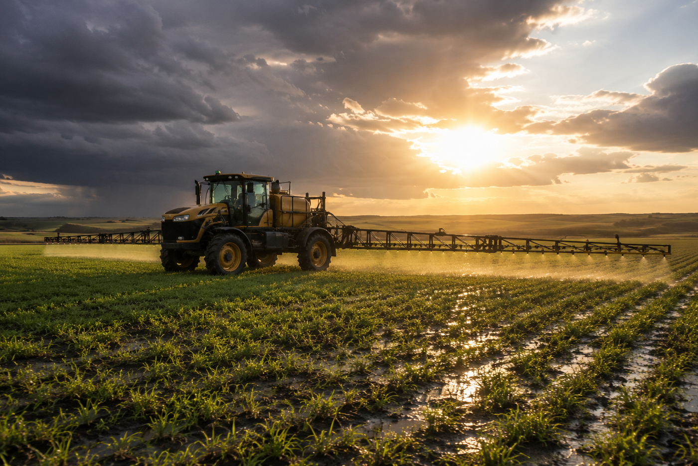 Self-propelled sprayer entering a recovering cereal field after heavy rainfall under clearing skies in Southern Alberta.