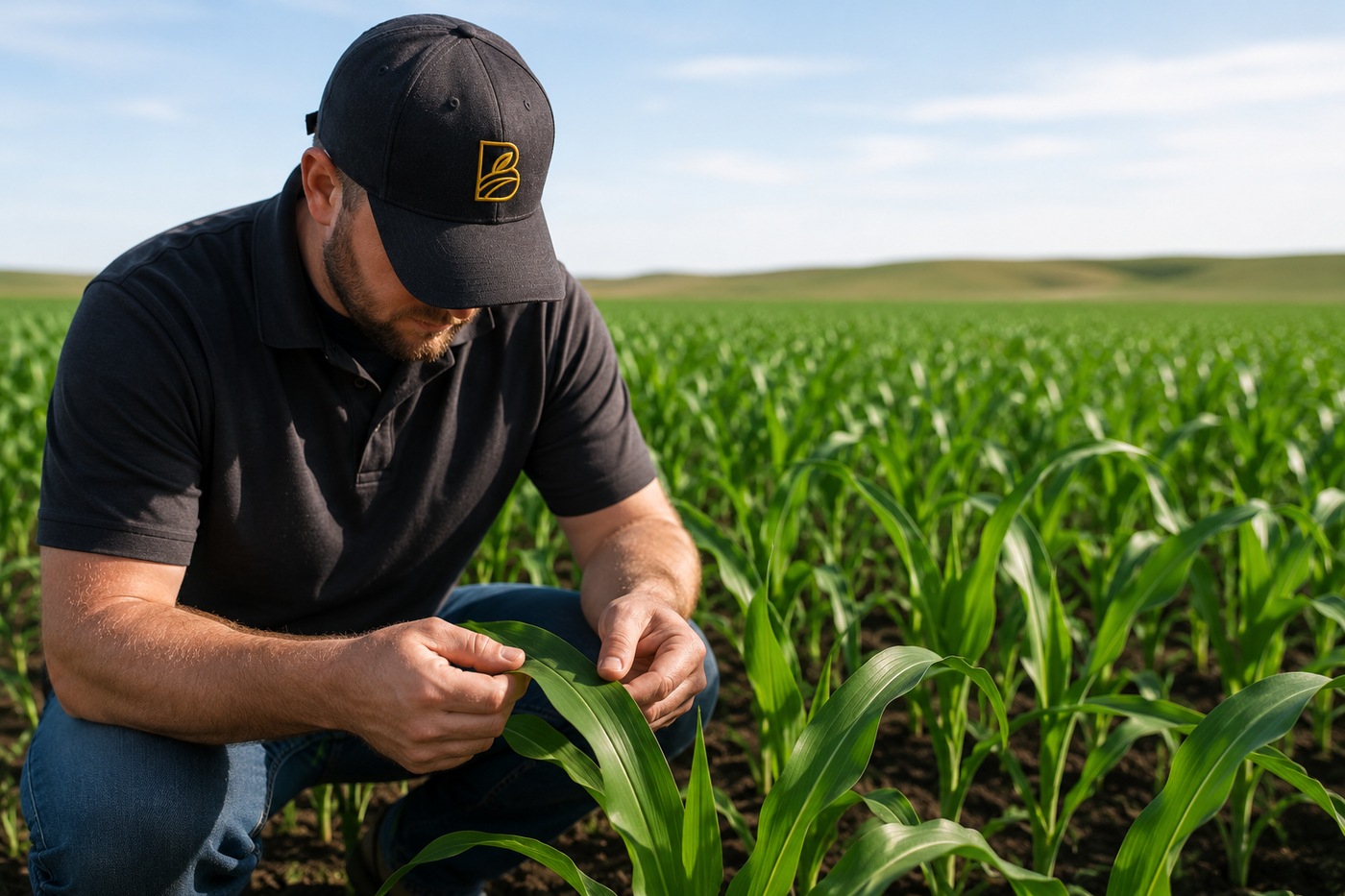Agronomist inspecting knee-high corn during the V4–V6 growth stage.
