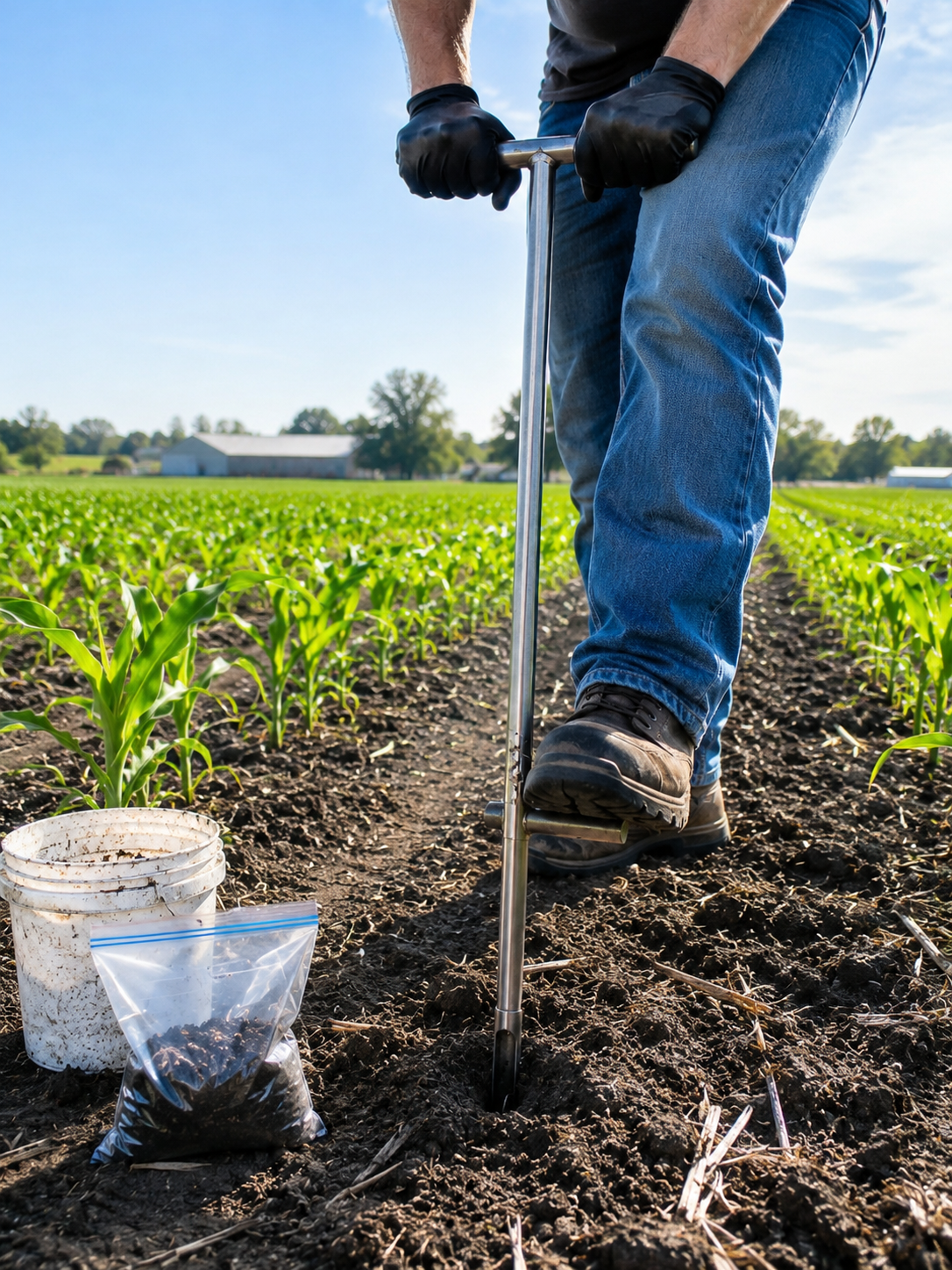 Agronomist collecting a soil sample from a young corn field using a soil probe during the growing season.