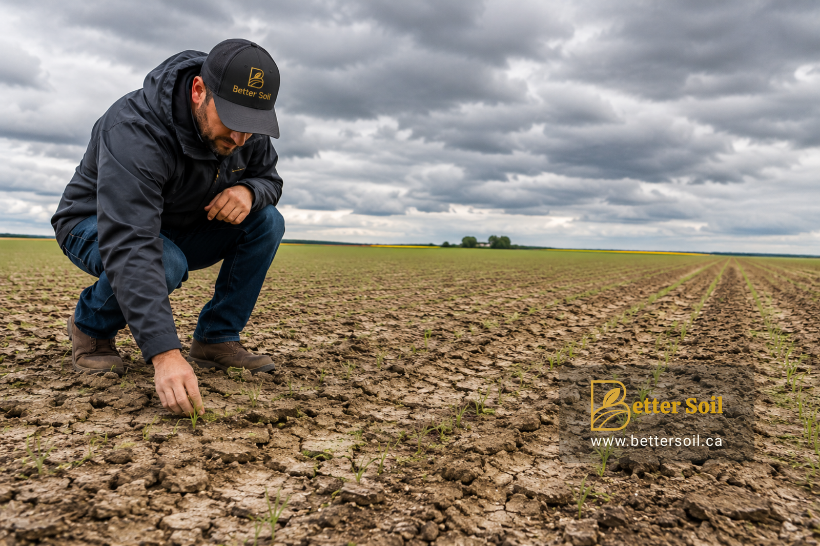 Agronomist assessing uneven crop emergence and soil crusting in a Southern Alberta field following heavy rainfall