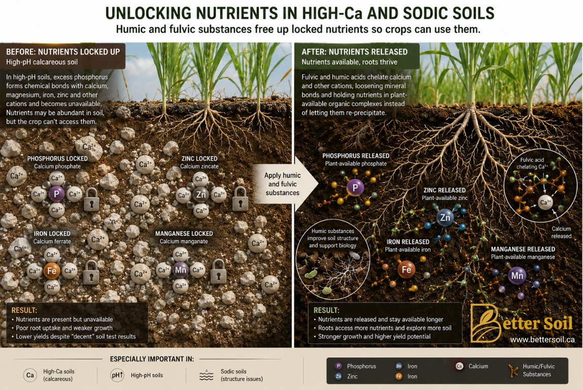 Illustration showing phosphorus and micronutrients locked in high-calcium soil and becoming plant-available through humic and fulvic interactions.