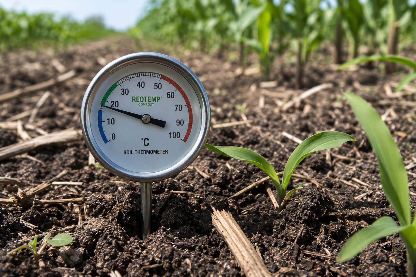 Soil thermometer measuring seed-zone temperature in an Alberta corn field before planting
