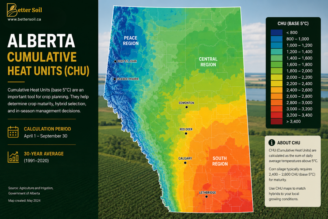 Map of Alberta cumulative heat unit (CHU) zones showing regional suitability for grain, silage, and grazing corn production