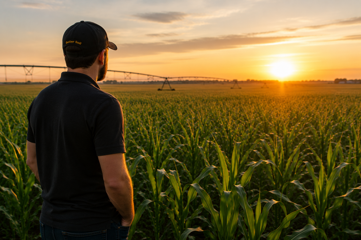 Agronomist overlooking a mature irrigated corn field in Alberta at sunset.