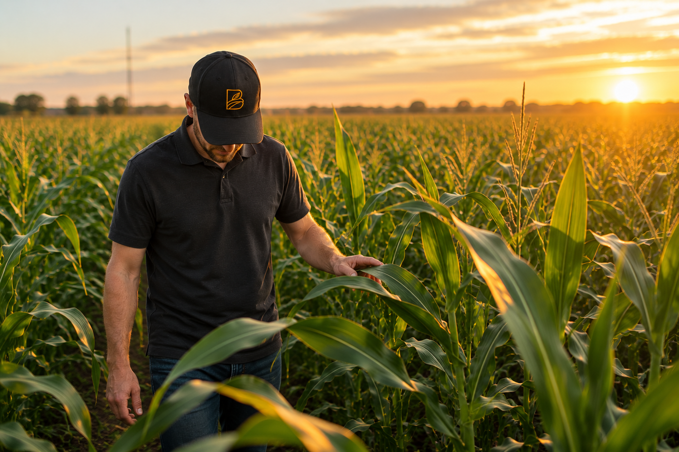 Agronomist examining a healthy corn ear in a mature Alberta corn field near harvest.