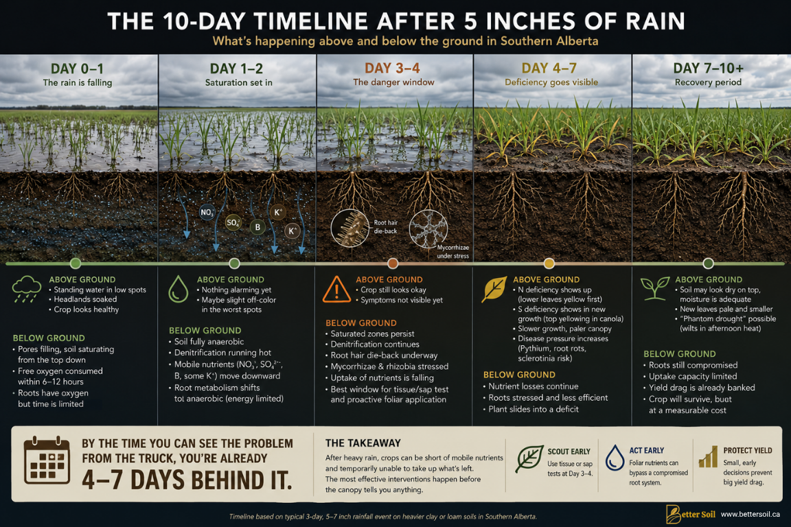 Timeline infographic showing how crop stress develops during the first ten days after a major rainfall event.