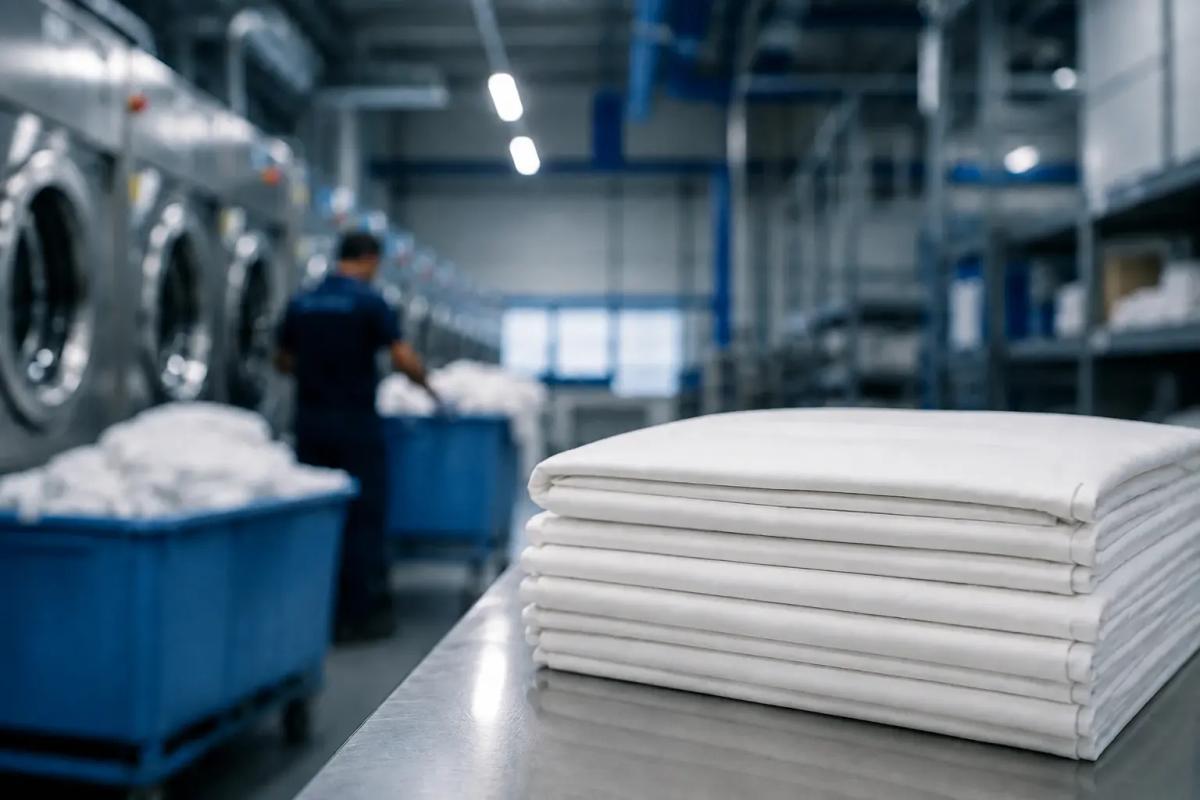 A stack of folded white flat linen on a stainless steel table in front of washer-extractors and blue laundry trolleys