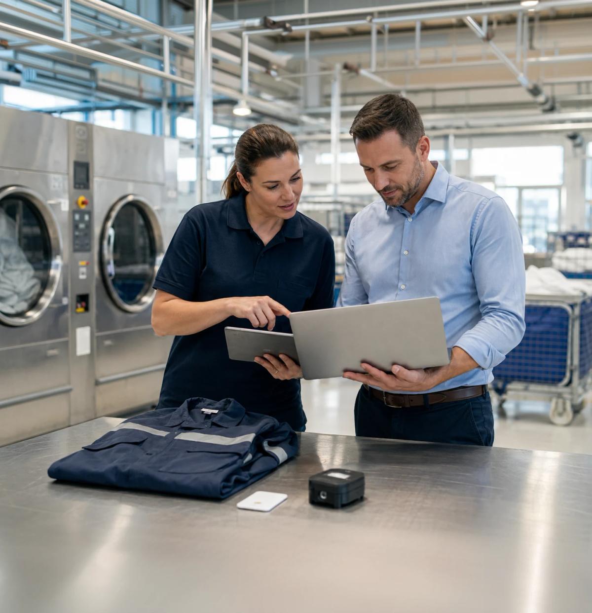 A laundry worker and a Leanwave consultant comparing a tablet and a laptop over folded workwear beside industrial washers