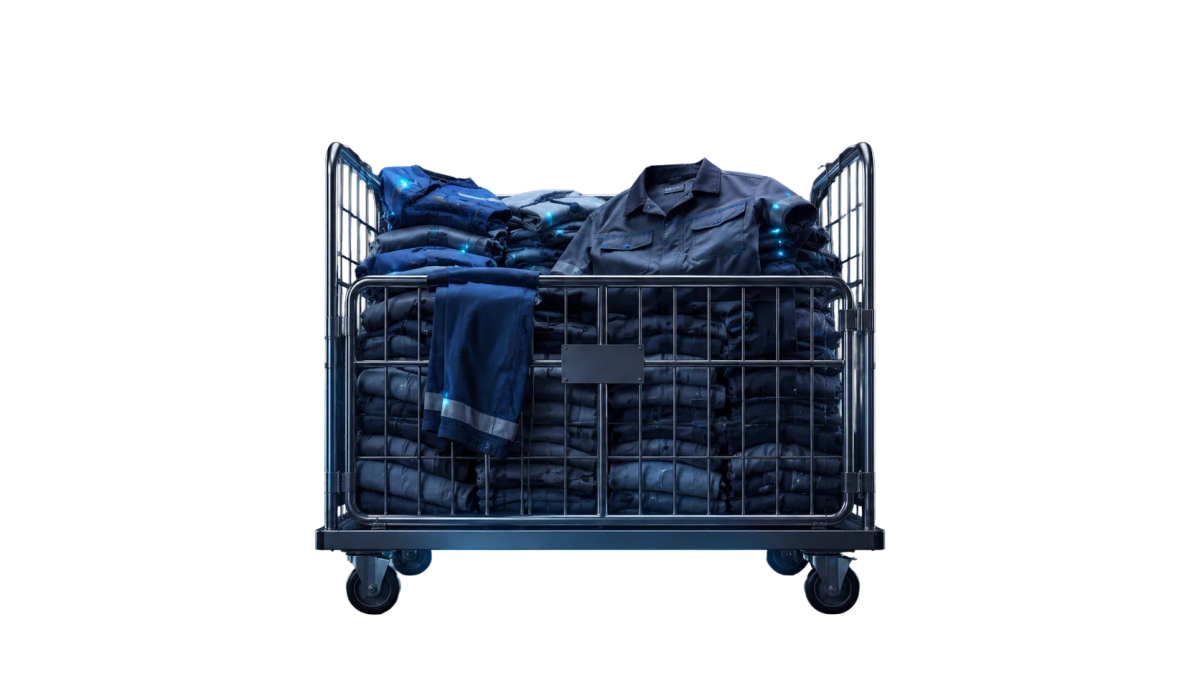 A wheeled laundry cage stacked with folded workwear, individual garments lit where their RFID tags read