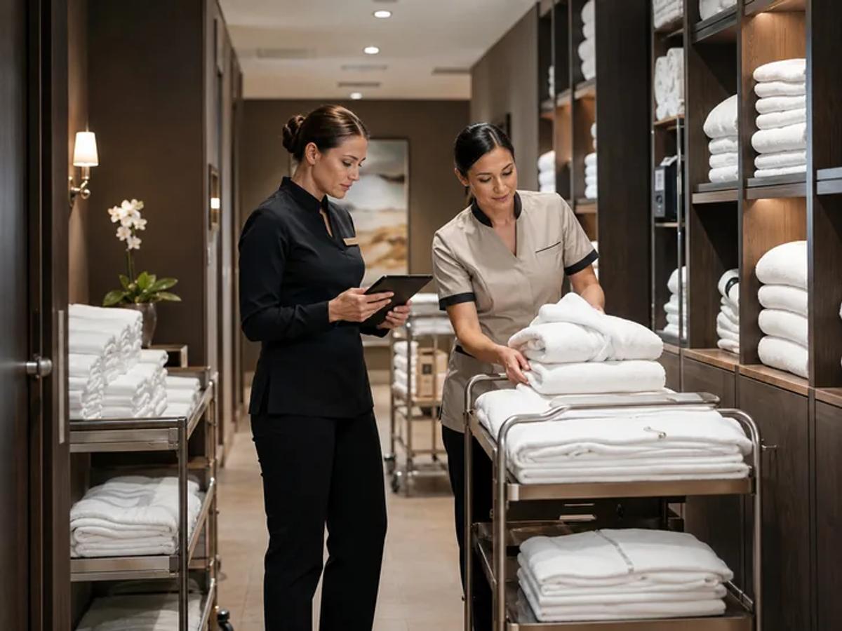 Two people in a linen room checking stacks of folded towels on shelves