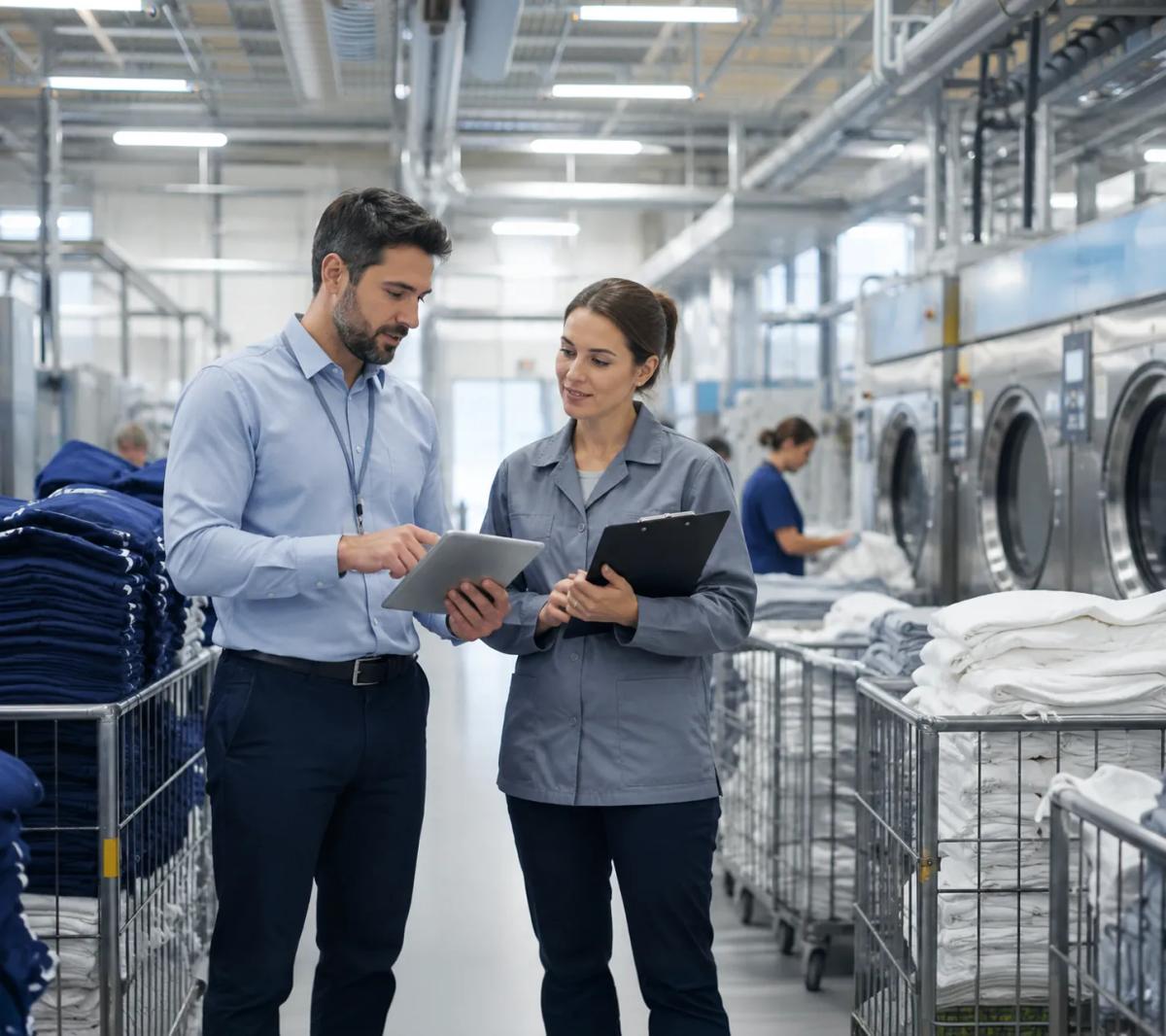 Two Leanwave staff reviewing a tablet on a laundry floor beside cages of folded workwear