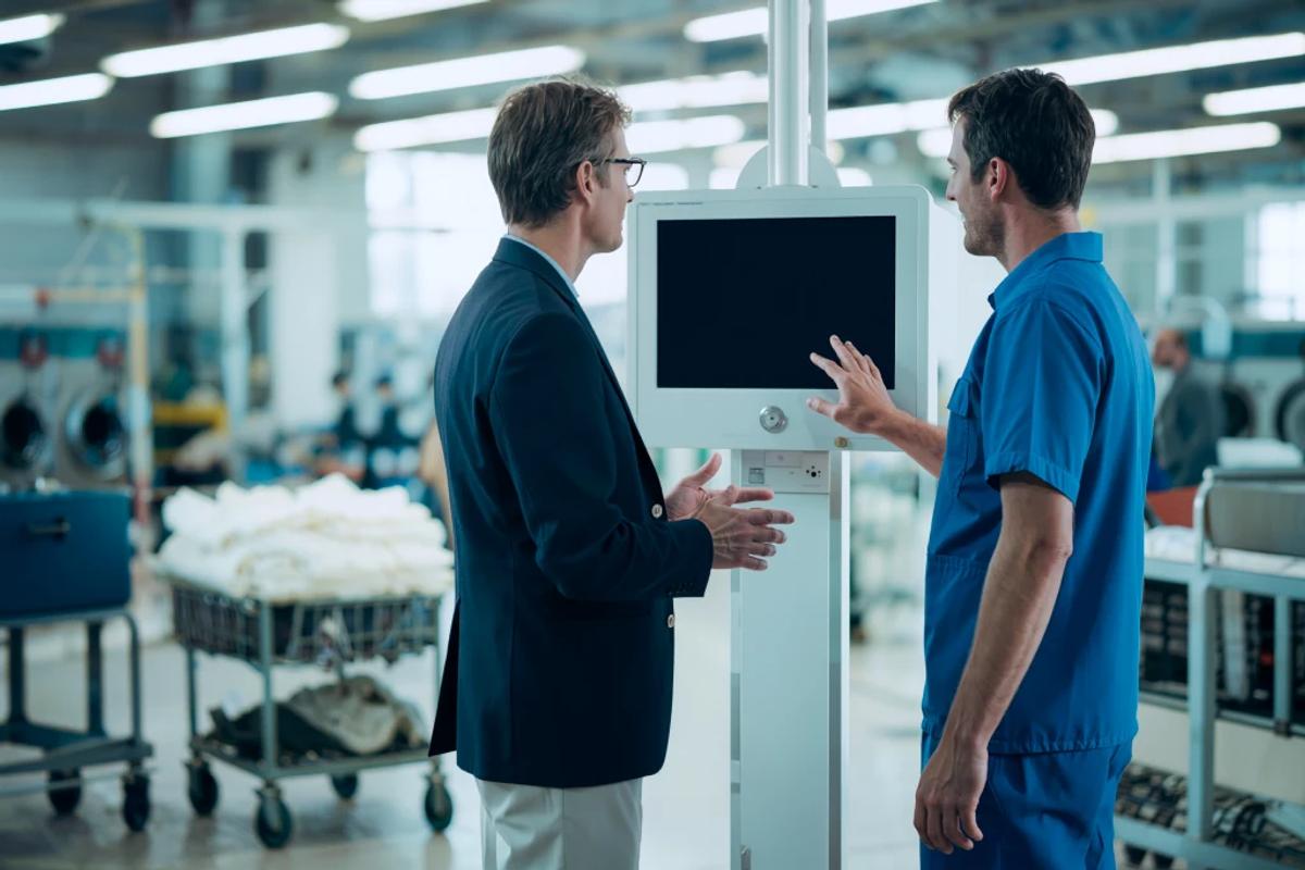A consultant and a laundry operator in blue workwear talking at a shop-floor terminal, linen carts behind them
