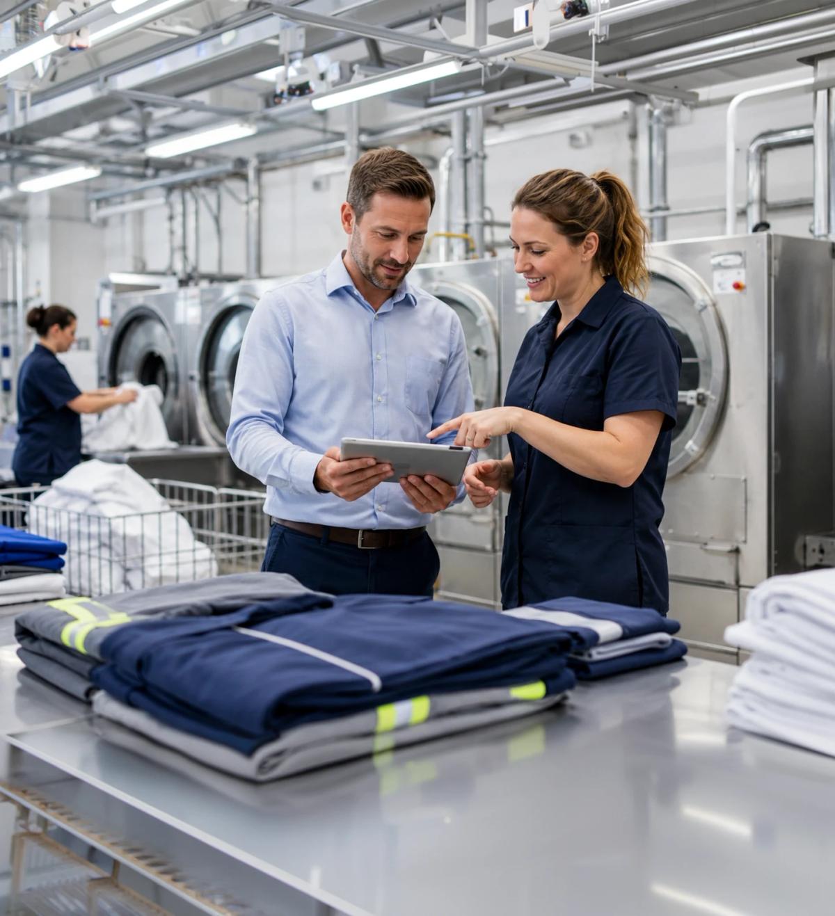 A Leanwave consultant showing a tablet to a laundry worker at a folding bench stacked with workwear and linen