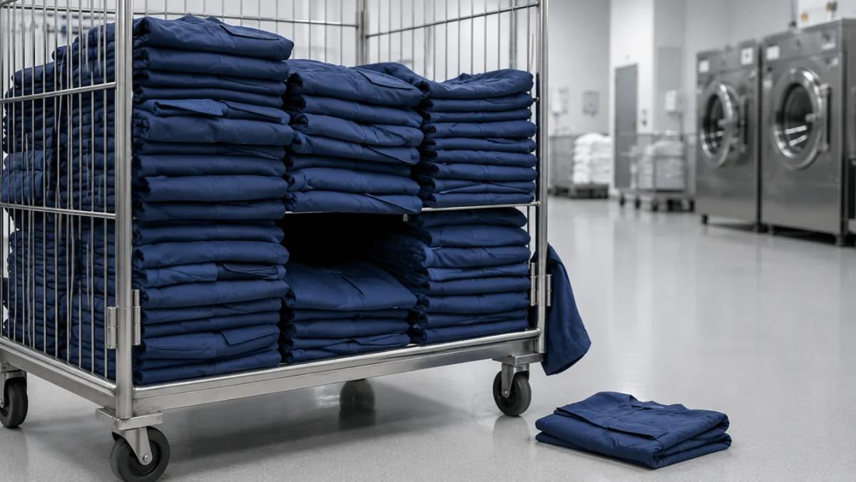 Stacks of folded navy workwear on a laundry trolley in front of industrial washers