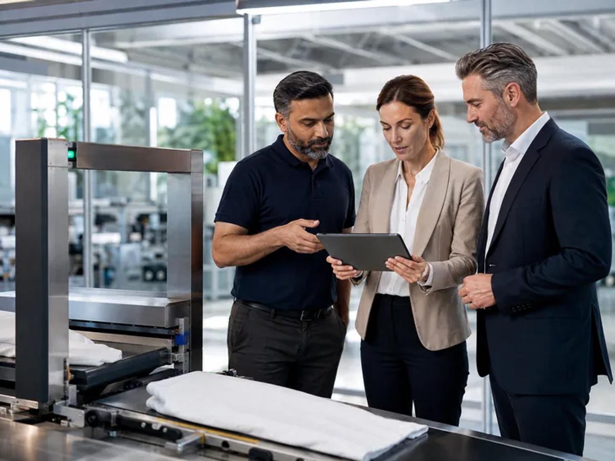 Four people in business dress looking at a tablet on a warehouse floor