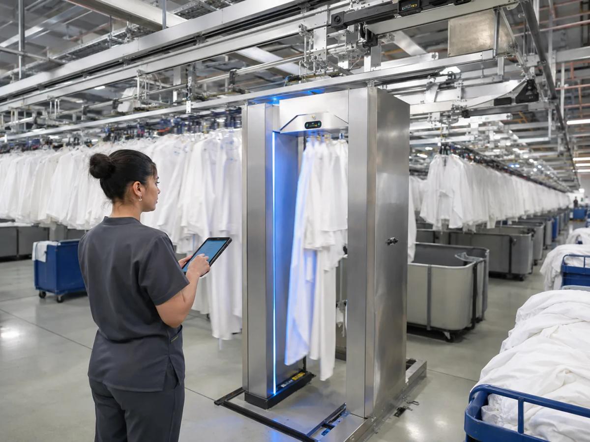 A laundry worker with a tablet beside an RFID reading portal, rails of white garments behind her