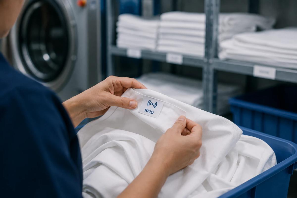 A laundry worker holding a white garment by the collar, a blue RFID label on it, shelves of folded linen behind