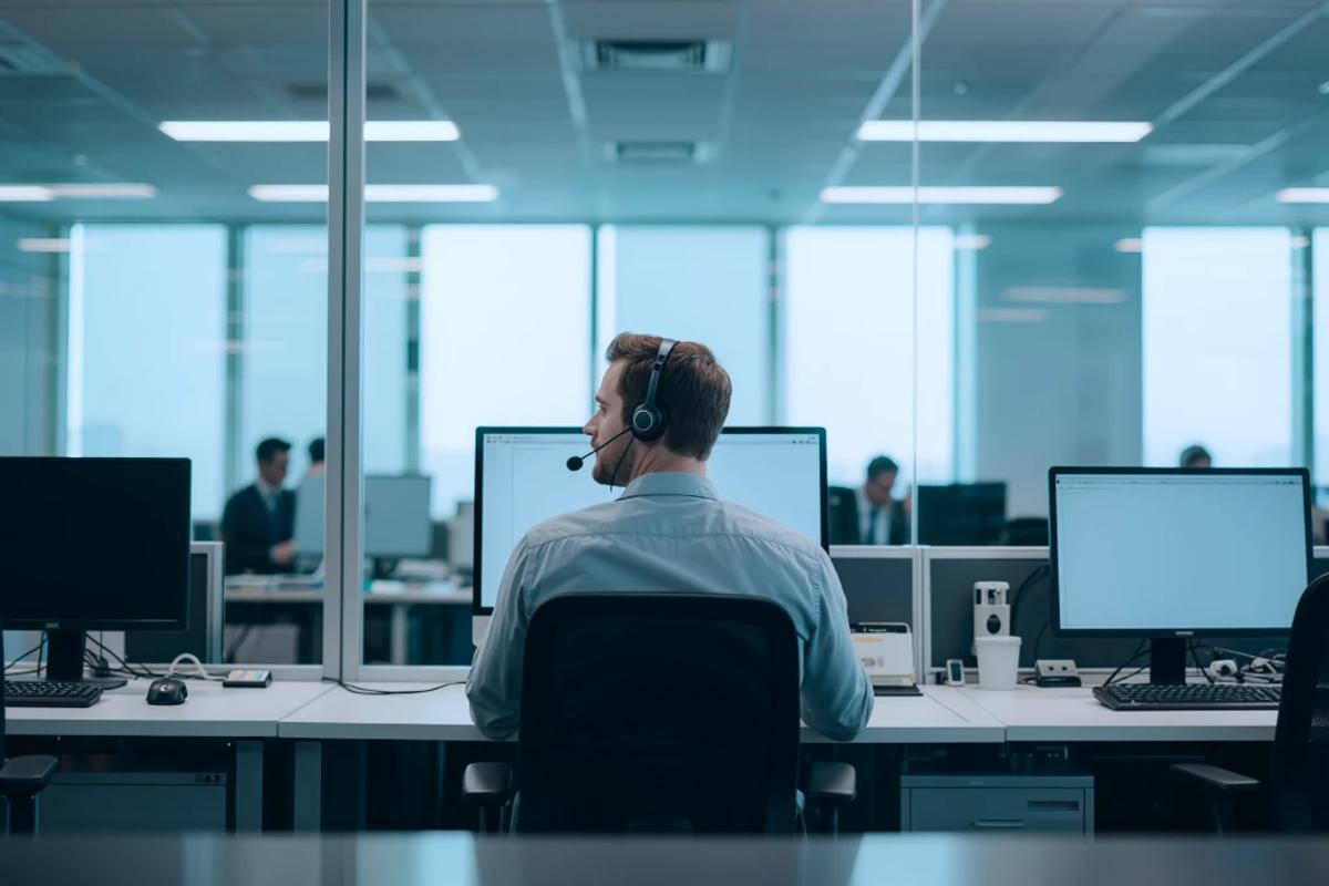 A support agent wearing a headset at a desk of monitors in an open-plan operations room