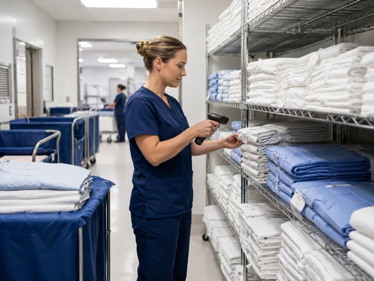 A worker in scrubs sorting folded textiles beside blue laundry trolleys