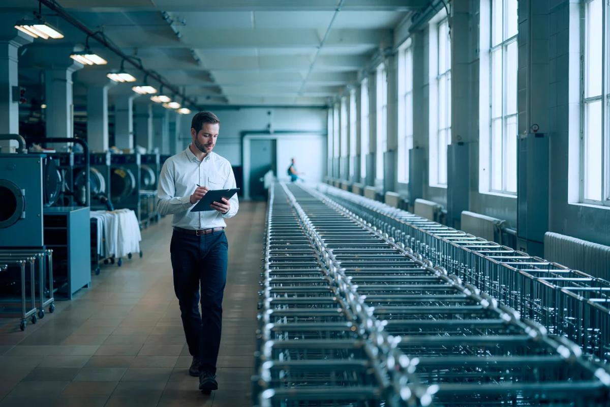 A man carrying a tablet walking a laundry aisle beside a long row of textile trolleys and industrial washers