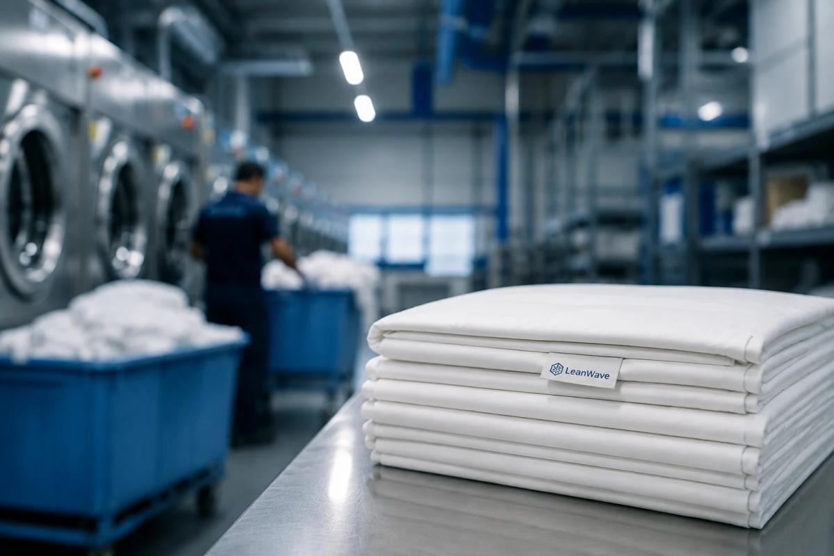 A stack of folded white flat linen carrying a Leanwave label, on a stainless steel table in front of washer-extractors and blue laundry trolleys