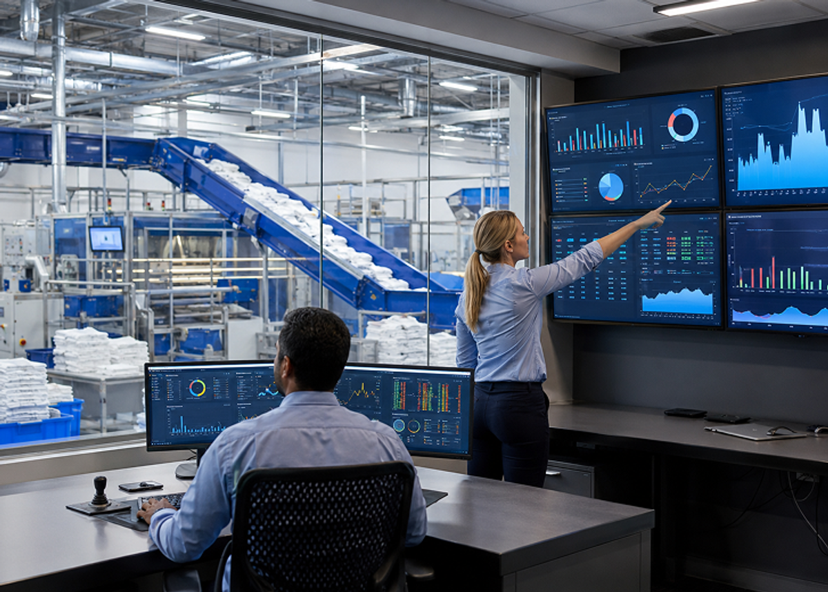 Operators monitoring real-time dashboards in a laundry facility control room.