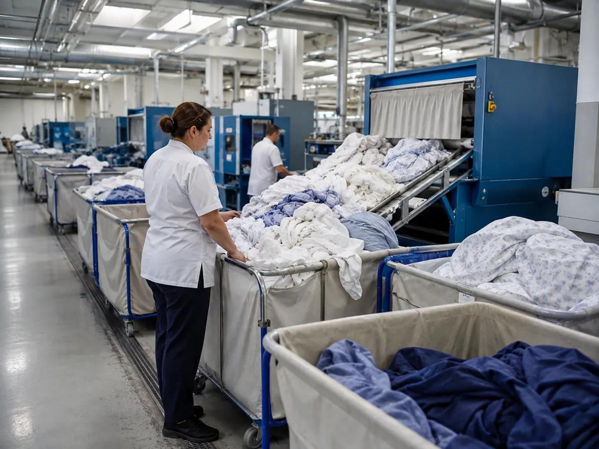 Two operators loading linen into a row of industrial washing machines