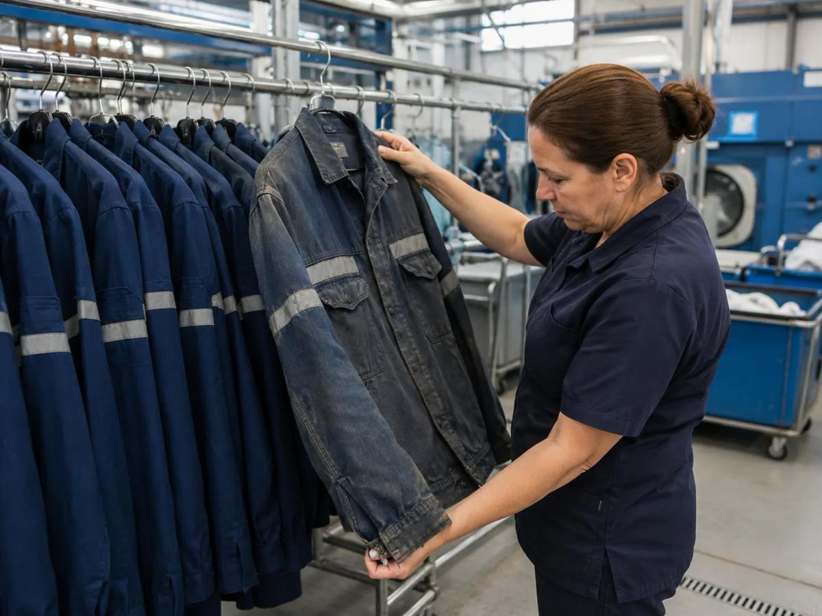 A worker inspecting a work jacket on a rail of hanging garments
