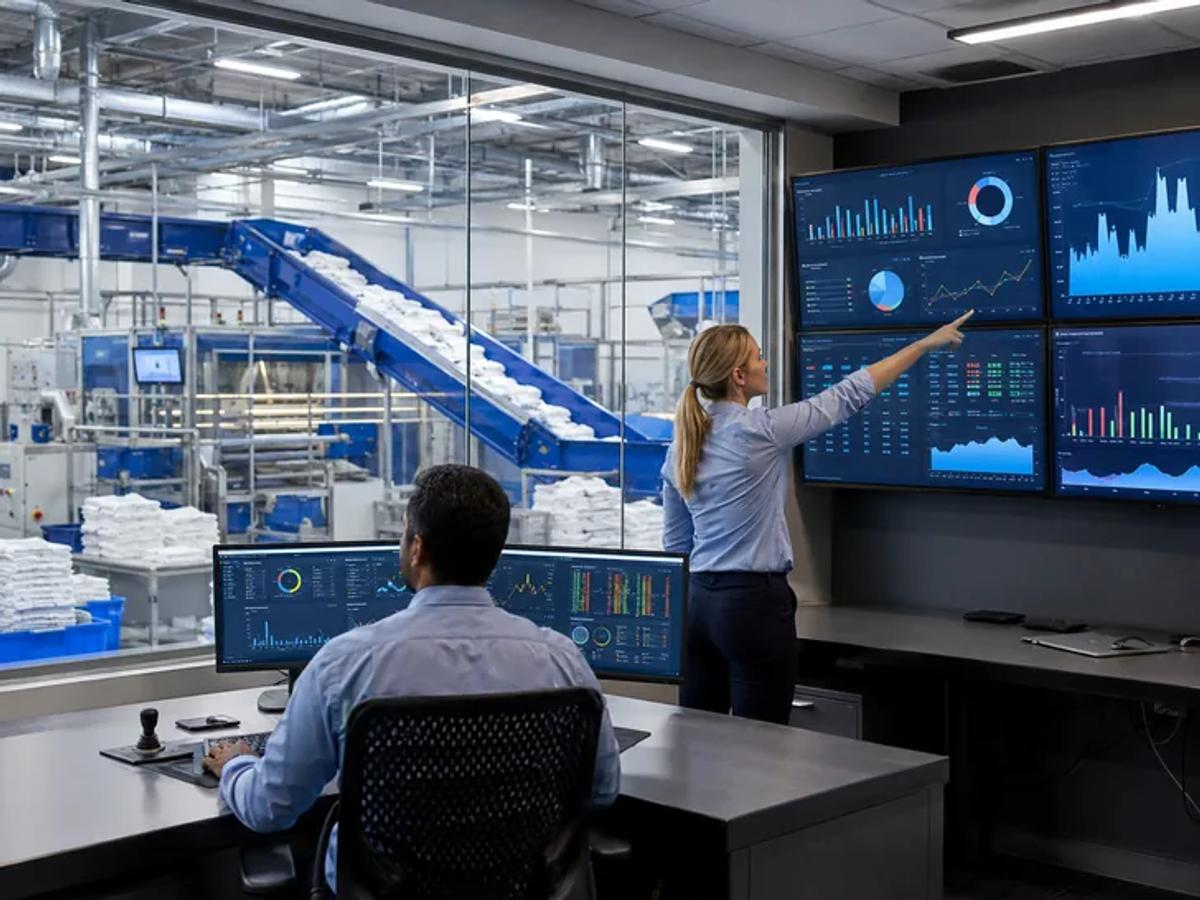 A worker at a control desk in front of monitors, beside a blue-lit sorting machine