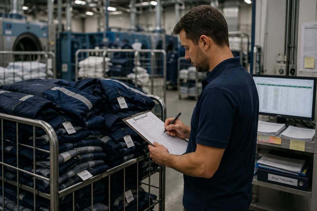 A laundry worker writing on a clipboard beside a cage of folded textiles