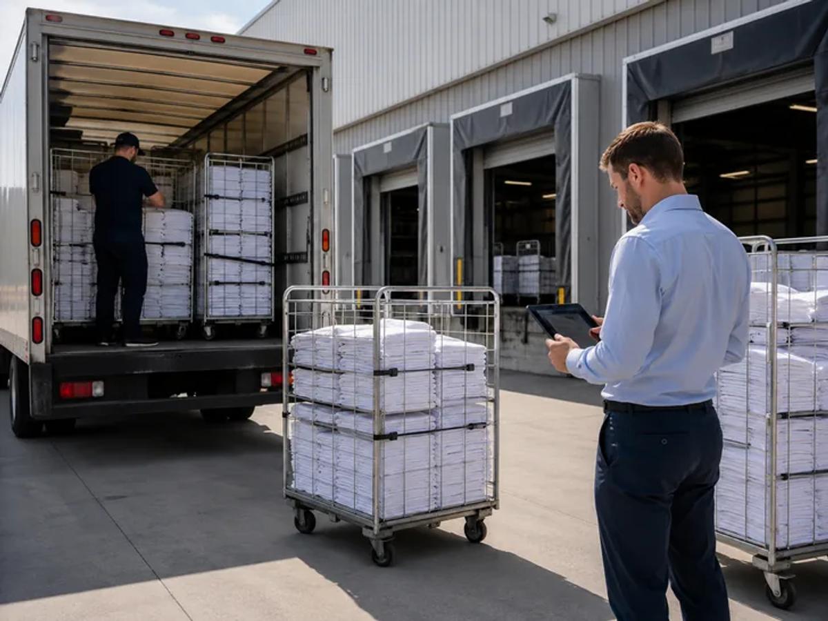 Two people beside a lorry loading roll containers of laundry at a loading bay