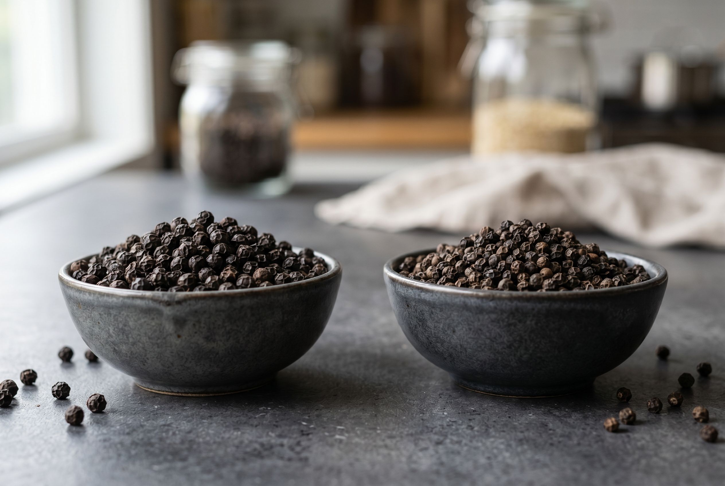 Black pepper grades displayed to compare premium TGSEB and MG1 export selections