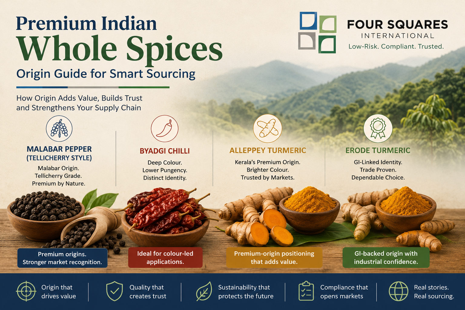 Premium Indian whole spices representing origin-led sourcing for international buyers