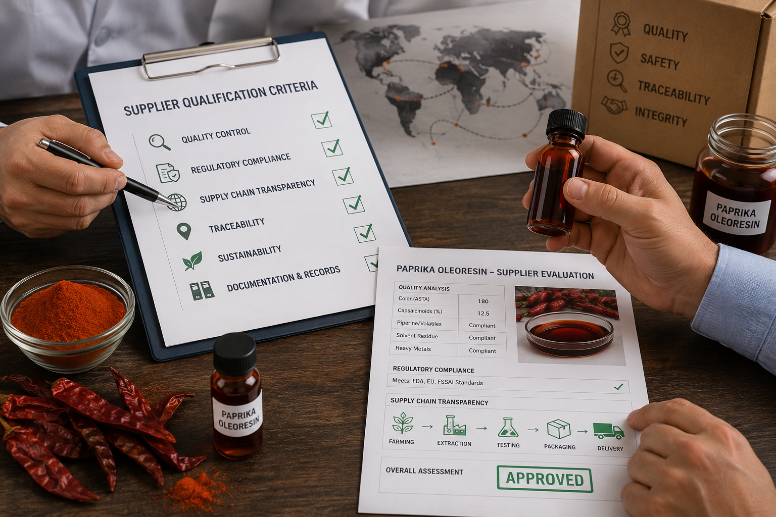 Hands reviewing documents with paprika oleoresin samples, emphasizing due diligence in supplier selection for food ingredients