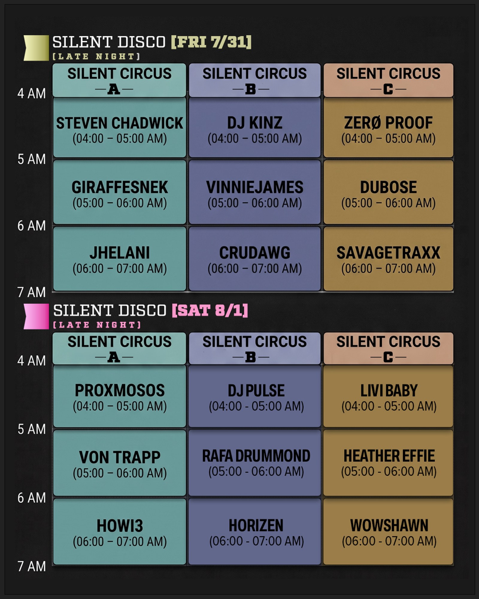 Season 5 Silent Disco timeslots